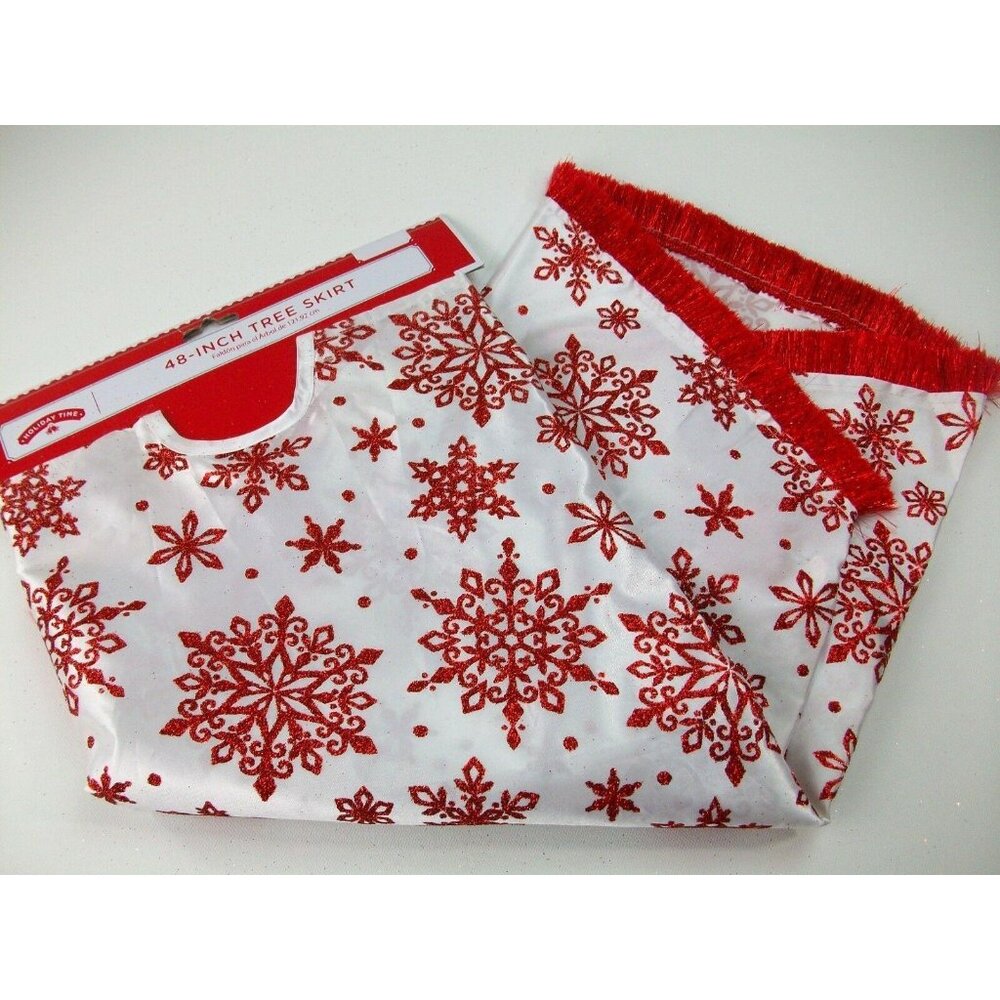Holiday Time 48" White Satin Red Glitter Star Snowflake Christmas Tree Skirt